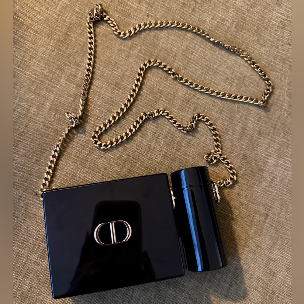 Dior Black Patent Minaudière with Gold Chain and Lipstick Holder